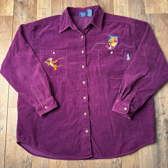 Vintage 90s Y2K Disney Corduroy Shirt Women's Large Purple Winnie The Pooh 4737 - Picture 1 of 12